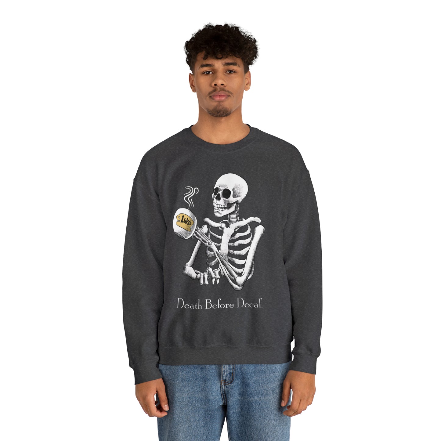 Gilmore Girls Halloween Skeleton Drinking Luke's Coffee Unisex Heavy Blend™ Crewneck Sweatshirt | Fall Autumn | Cozy Sweater