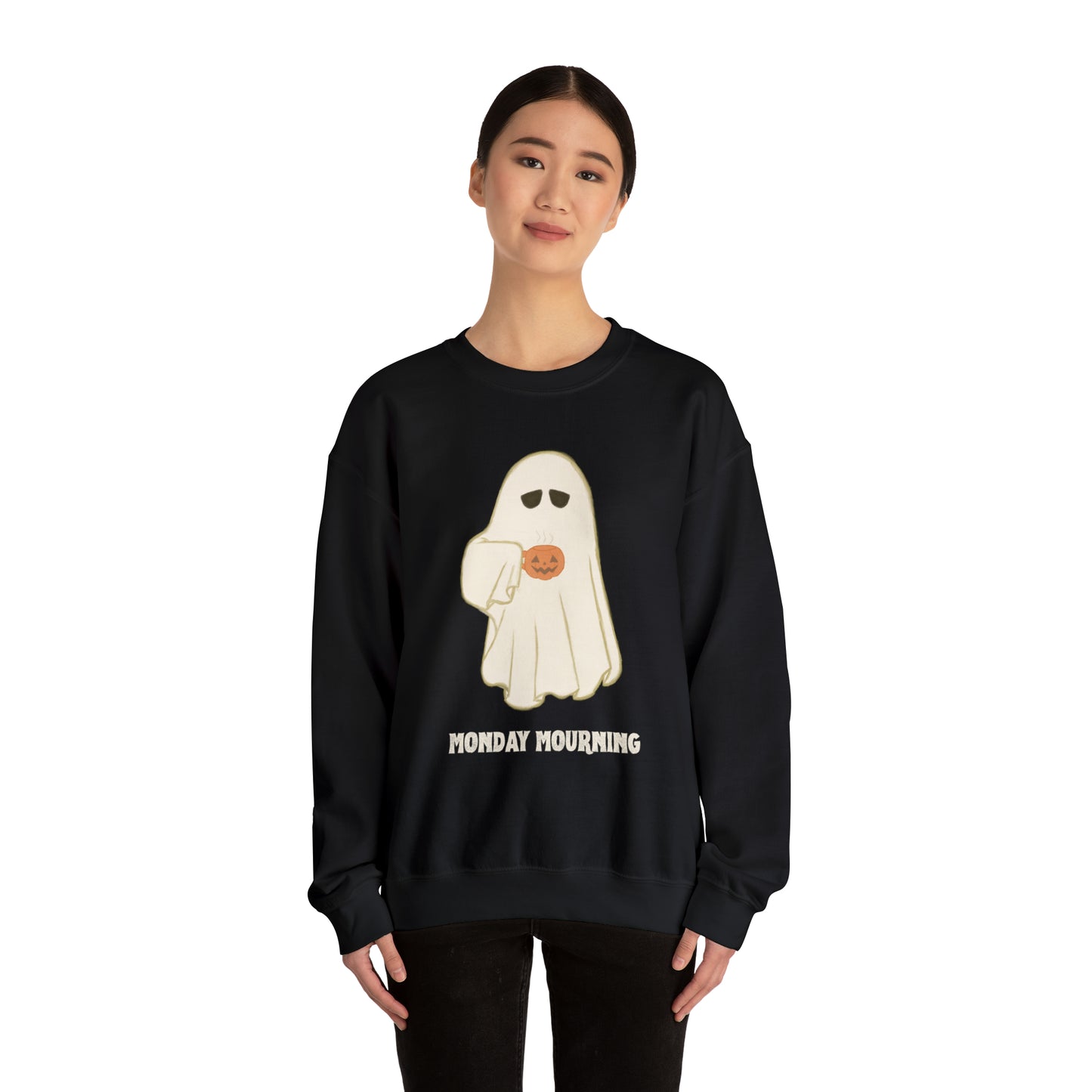 Cute Ghost "Monday Mourning" Coffee Pumpkin Mug Unisex Heavy Blend™ Crewneck Sweatshirt | Fall Autumn | Gift Idea