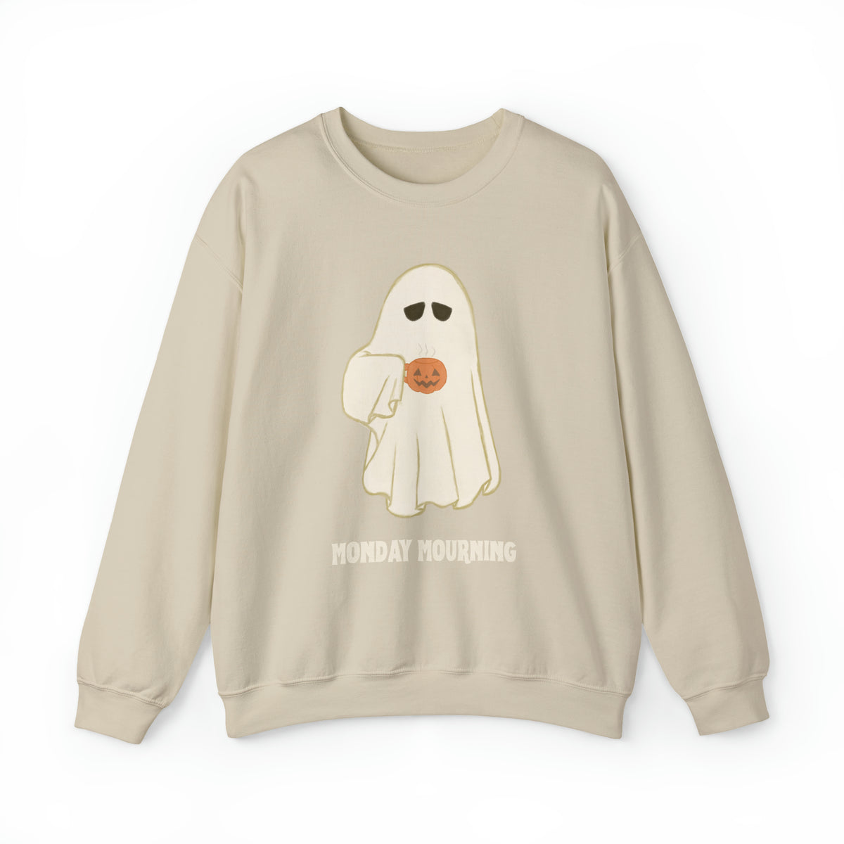 Cute Ghost "Monday Mourning" Coffee Pumpkin Mug Unisex Heavy Blend™ Crewneck Sweatshirt | Fall Autumn | Gift Idea