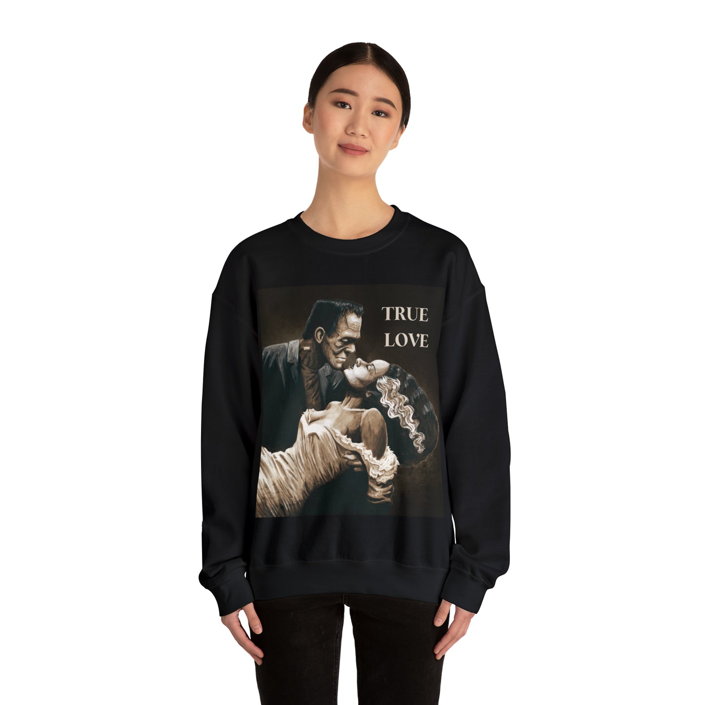 Frankenstein and His Bride True Love Neutral Halloween Monsters Cozy Unisex Heavy Blend™ Crewneck Sweatshirt | Fall Autumn | Gift Idea