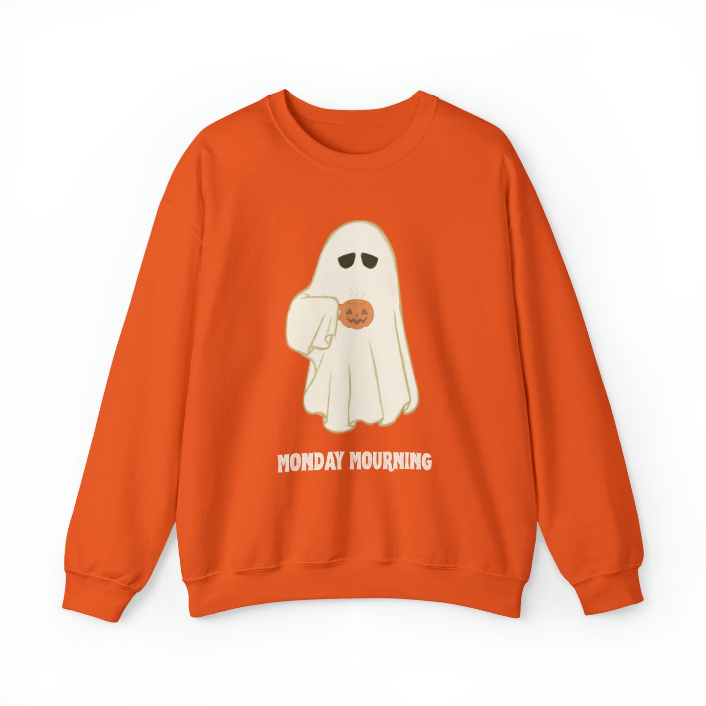 Cute Ghost "Monday Mourning" Coffee Pumpkin Mug Unisex Heavy Blend™ Crewneck Sweatshirt | Fall Autumn | Gift Idea