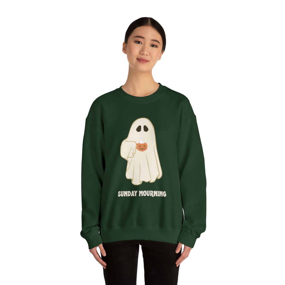 Cute Ghost "Sunday Mourning" Coffee Pumpkin Mug Unisex Heavy Blend™ Crewneck Sweatshirt | Fall Autumn | Gift Idea