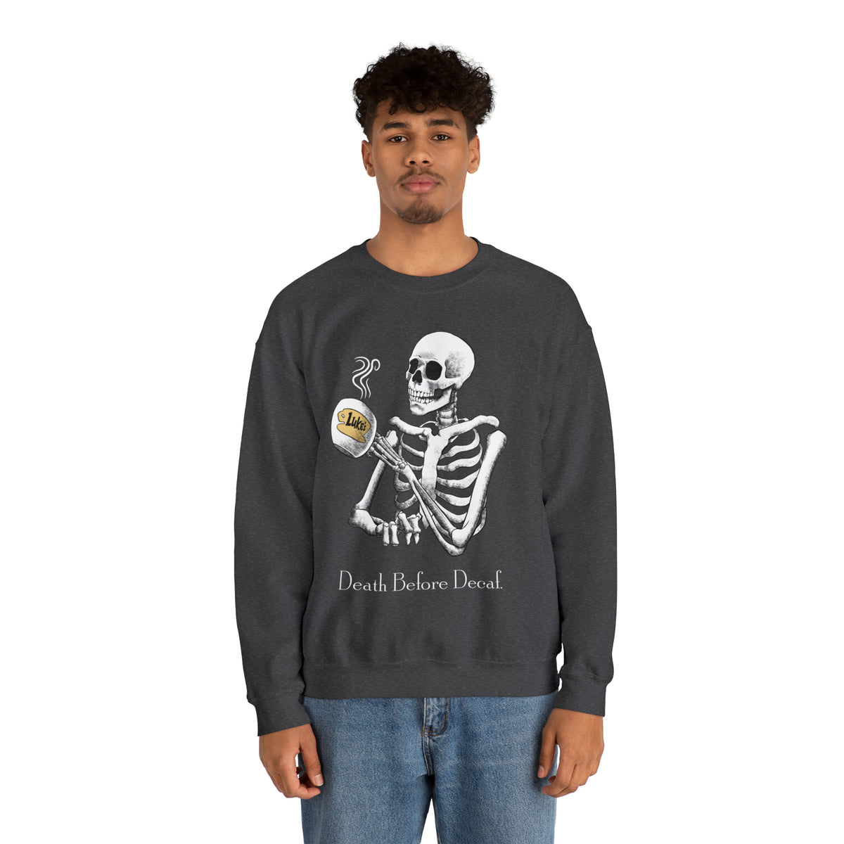 Gilmore Girls Halloween Skeleton Drinking Luke's Coffee Unisex Heavy Blend™ Crewneck Sweatshirt | Fall Autumn | Cozy Sweater