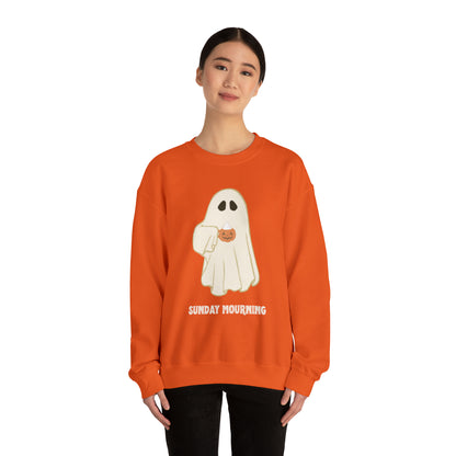 Cute Ghost "Sunday Mourning" Coffee Pumpkin Mug Unisex Heavy Blend™ Crewneck Sweatshirt | Fall Autumn | Gift Idea