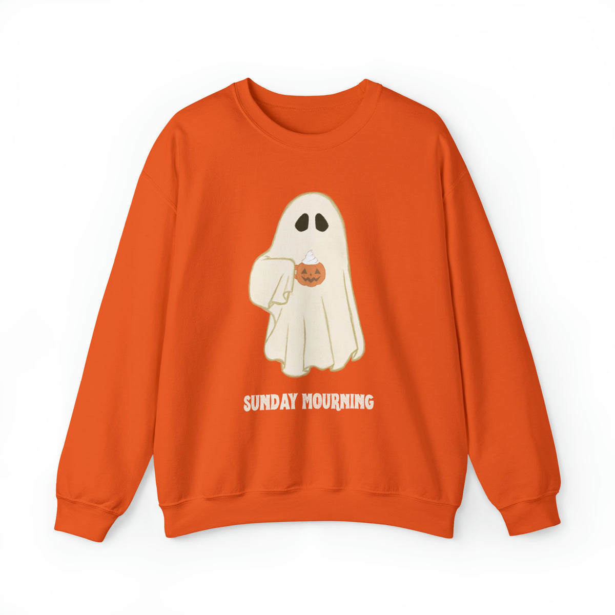 Cute Ghost "Sunday Mourning" Coffee Pumpkin Mug Unisex Heavy Blend™ Crewneck Sweatshirt | Fall Autumn | Gift Idea