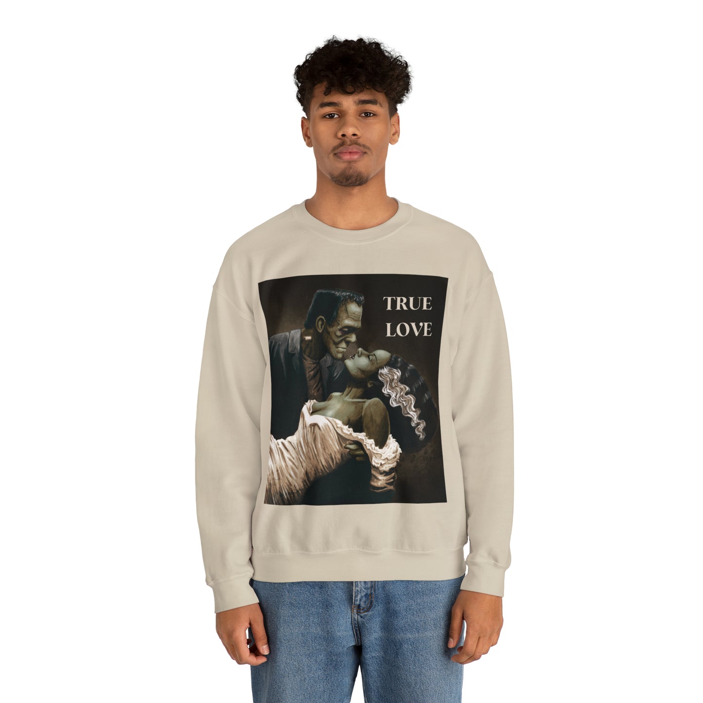 Frankenstein and His Bride Green Version True Love Halloween Monsters Cozy Unisex Heavy Blend™ Crewneck Sweatshirt | Fall Autumn| Humour TV  | Gift Idea