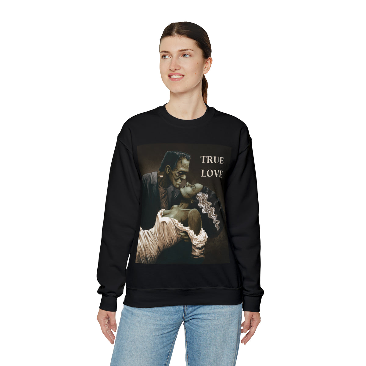 Frankenstein and His Bride Green Version True Love Halloween Monsters Cozy Unisex Heavy Blend™ Crewneck Sweatshirt | Fall Autumn| Humour TV  | Gift Idea