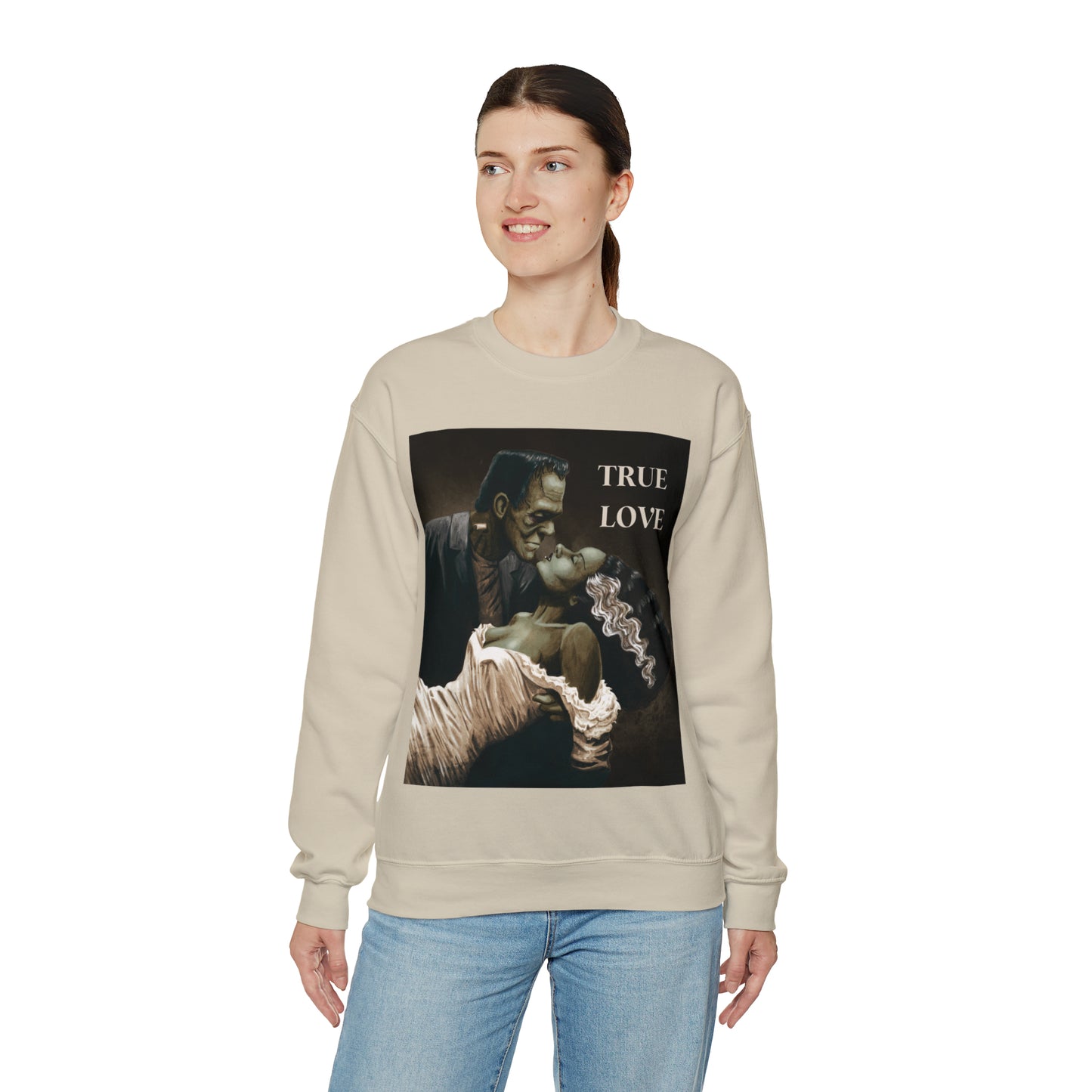 Frankenstein and His Bride Green Version True Love Halloween Monsters Cozy Unisex Heavy Blend™ Crewneck Sweatshirt | Fall Autumn| Humour TV  | Gift Idea