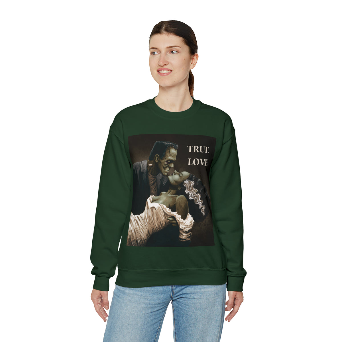 Frankenstein and His Bride Green Version True Love Halloween Monsters Cozy Unisex Heavy Blend™ Crewneck Sweatshirt | Fall Autumn| Humour TV  | Gift Idea